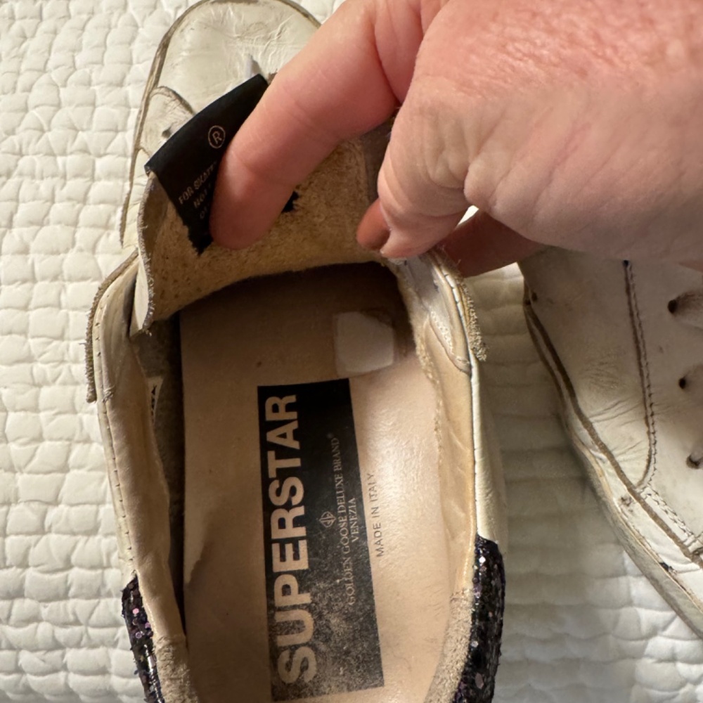 Golden Goose White Leather Sneakers with Black Glitter Star and Heel - Picture 9 of 12